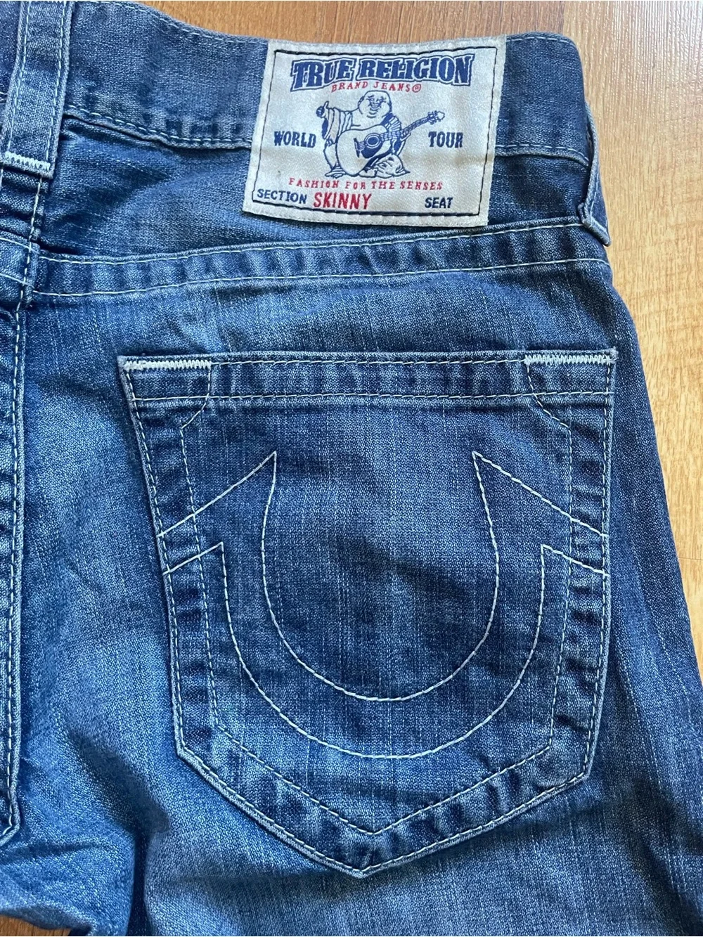 True Religion Blue Denim Skinny Jeans with Horseshoe Pocket Stitching